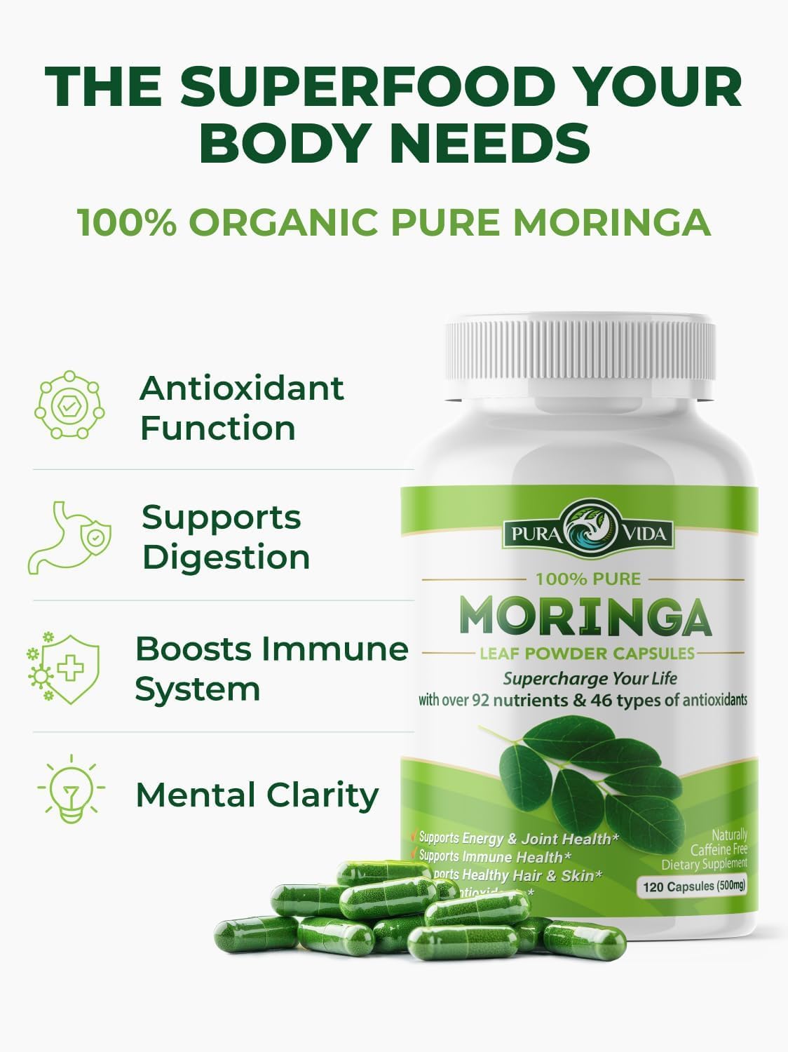 Organic Moringa Capsules 500mg 120ct Pack of 2 B792
