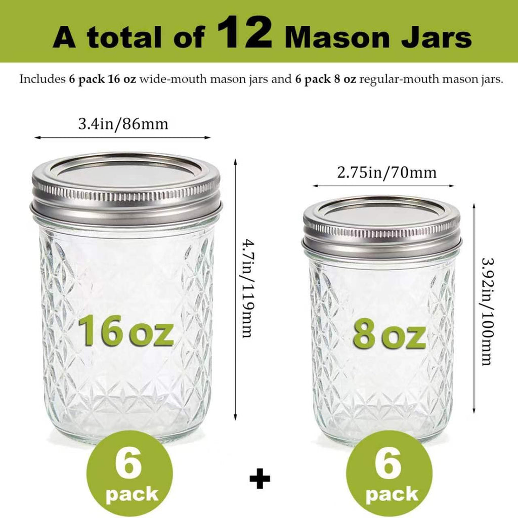 12 Pack Glass Mason Jars with Lids 16 oz & 8 oz D764