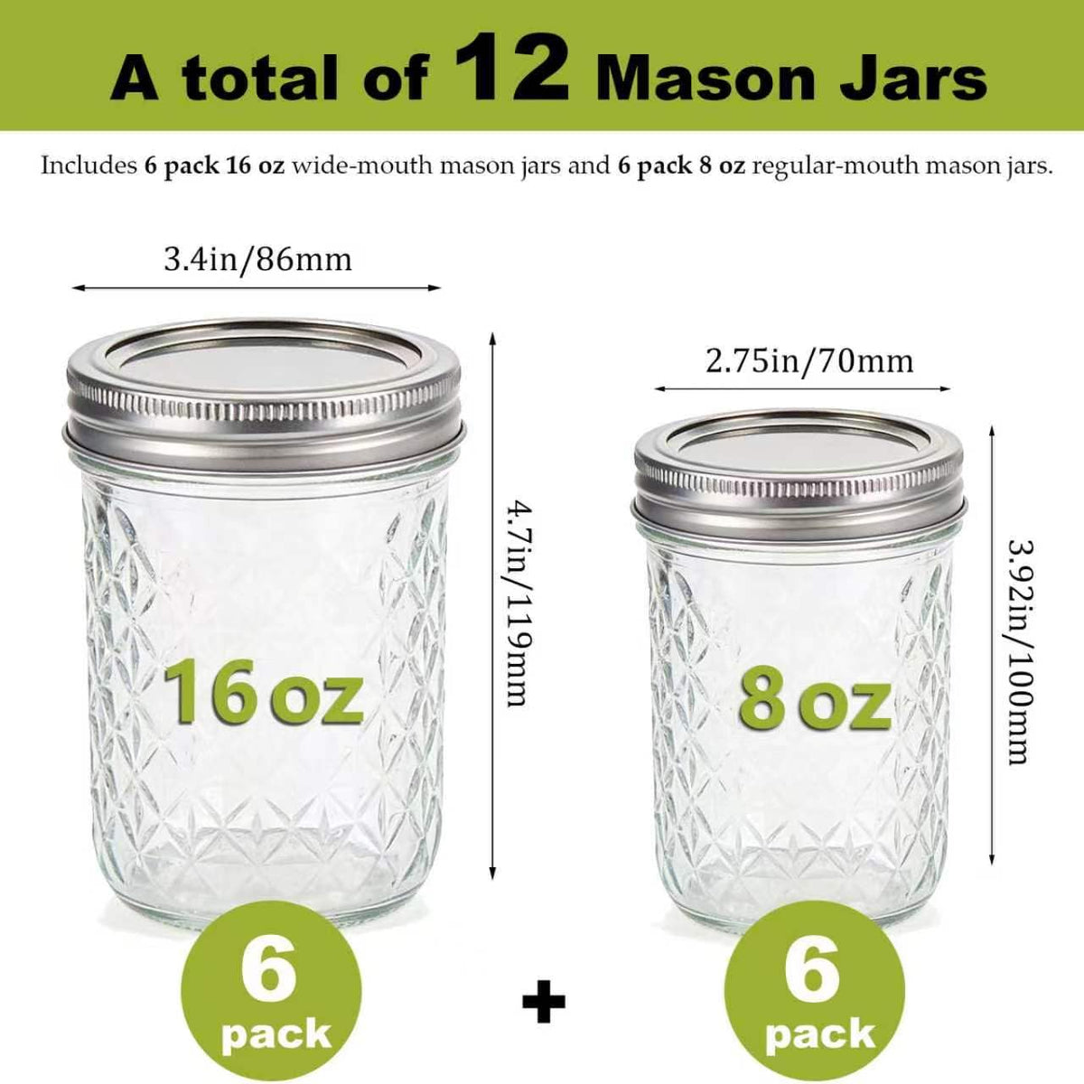 12 Pack Glass Mason Jars with Lids 16 oz & 8 oz D764