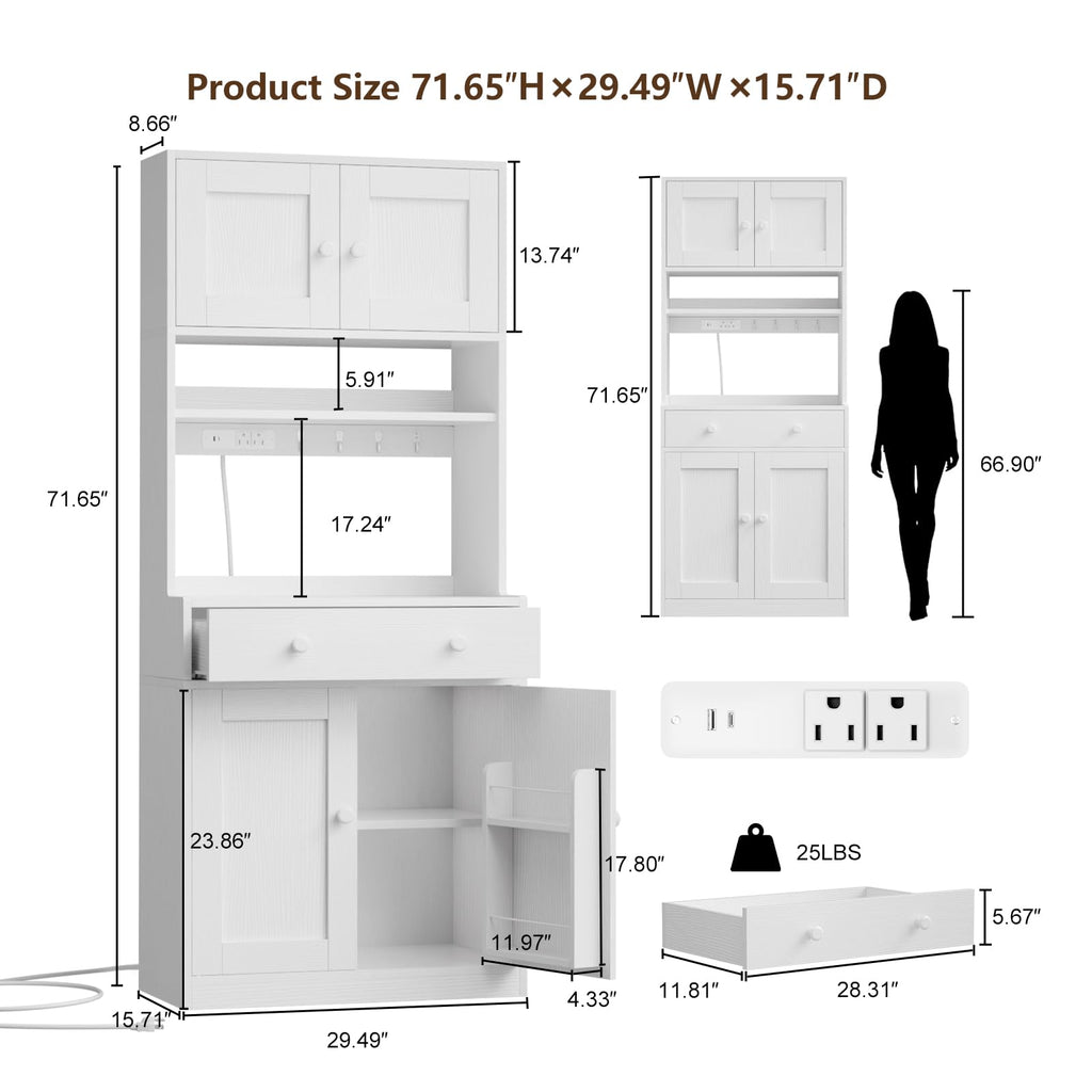 71" Tall White Kitchen Pantry Cabinet with Microwave Countertop H735