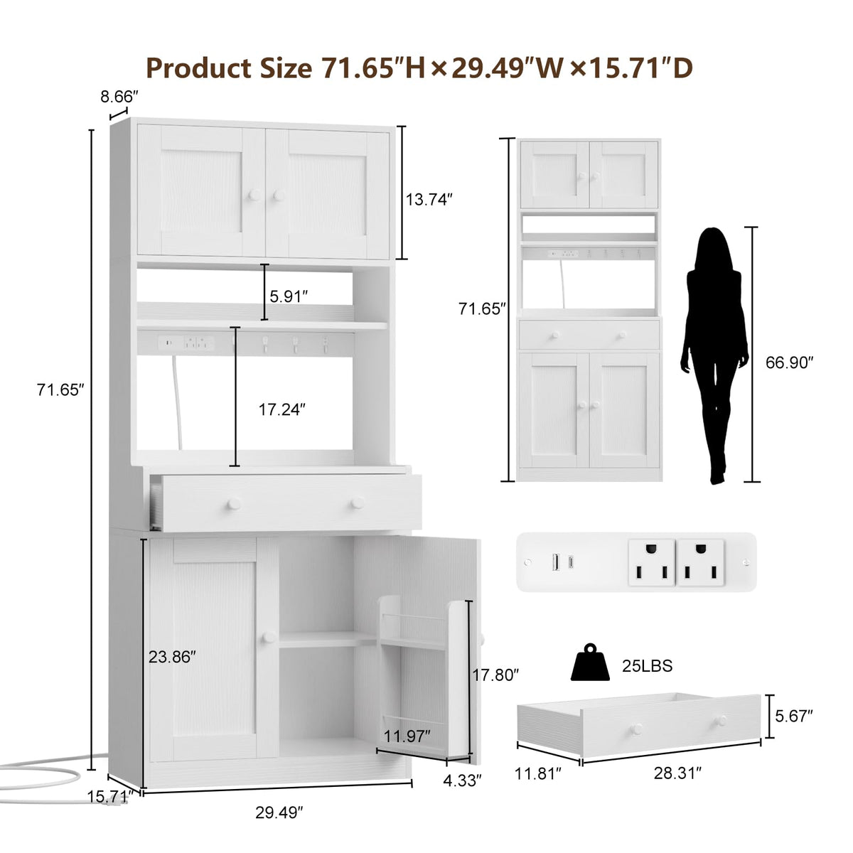 71" Tall White Kitchen Pantry Cabinet with Microwave Countertop H735