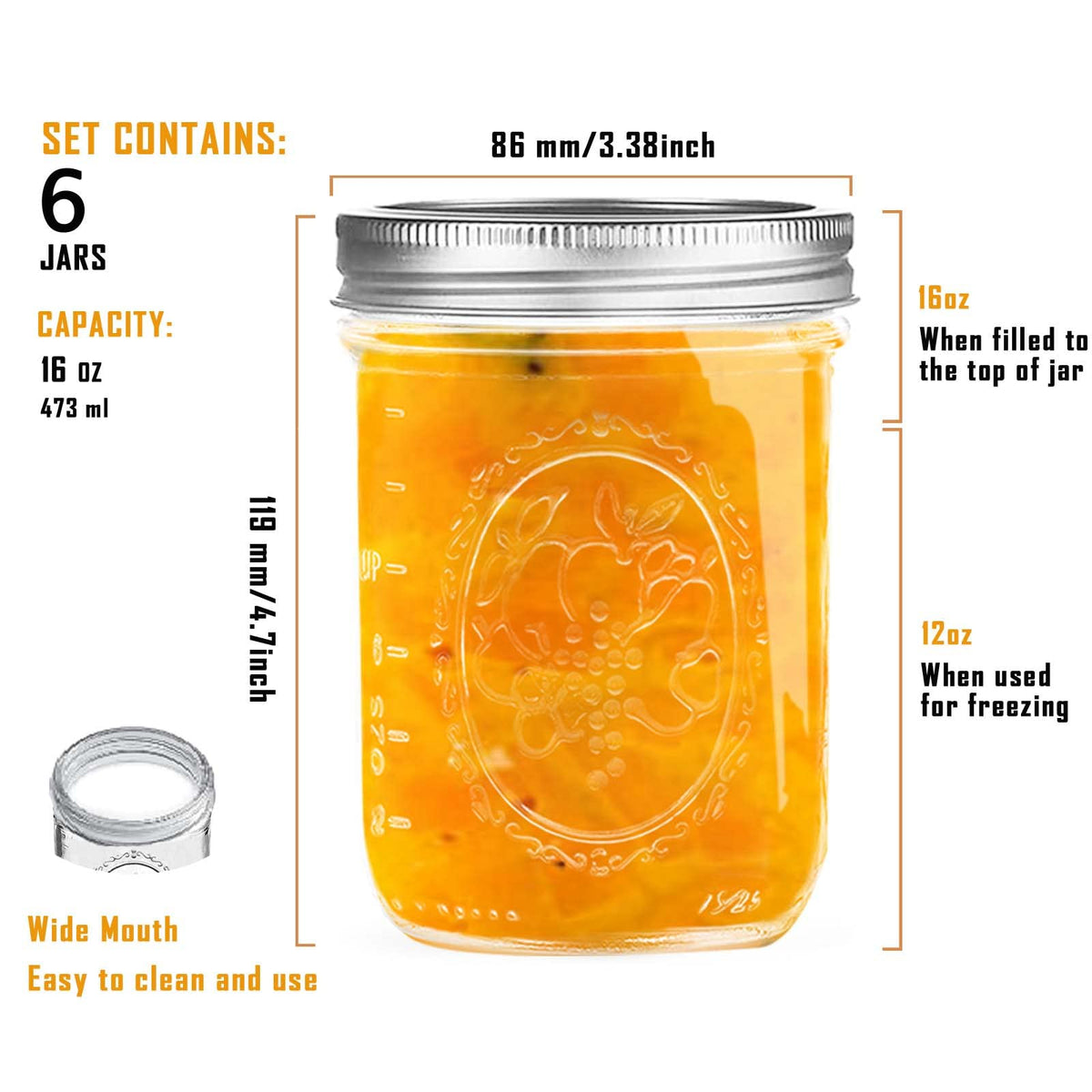 16 oz Wide Mouth Glass Mason Jars with Lids, 6 Pack N411755