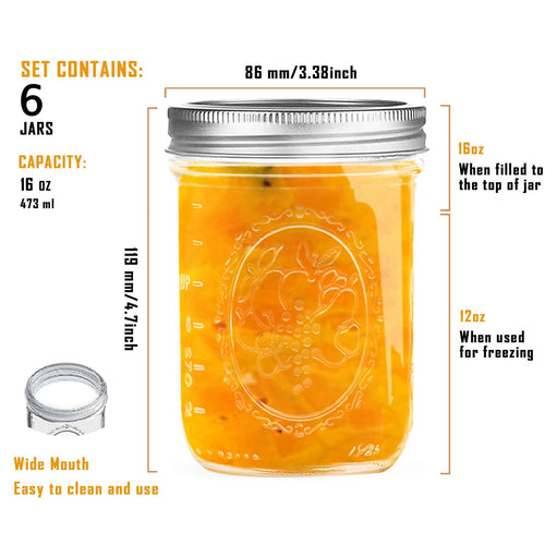 16 oz Wide Mouth Glass Mason Jars with Lids, 6 Pack N411755