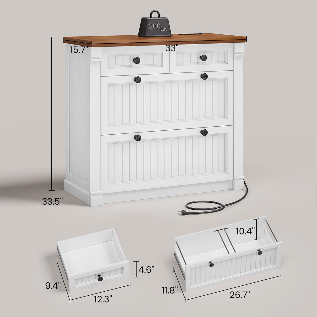 White Brown 4 Drawer Wood File Cabinet with Power Outlets S299509
