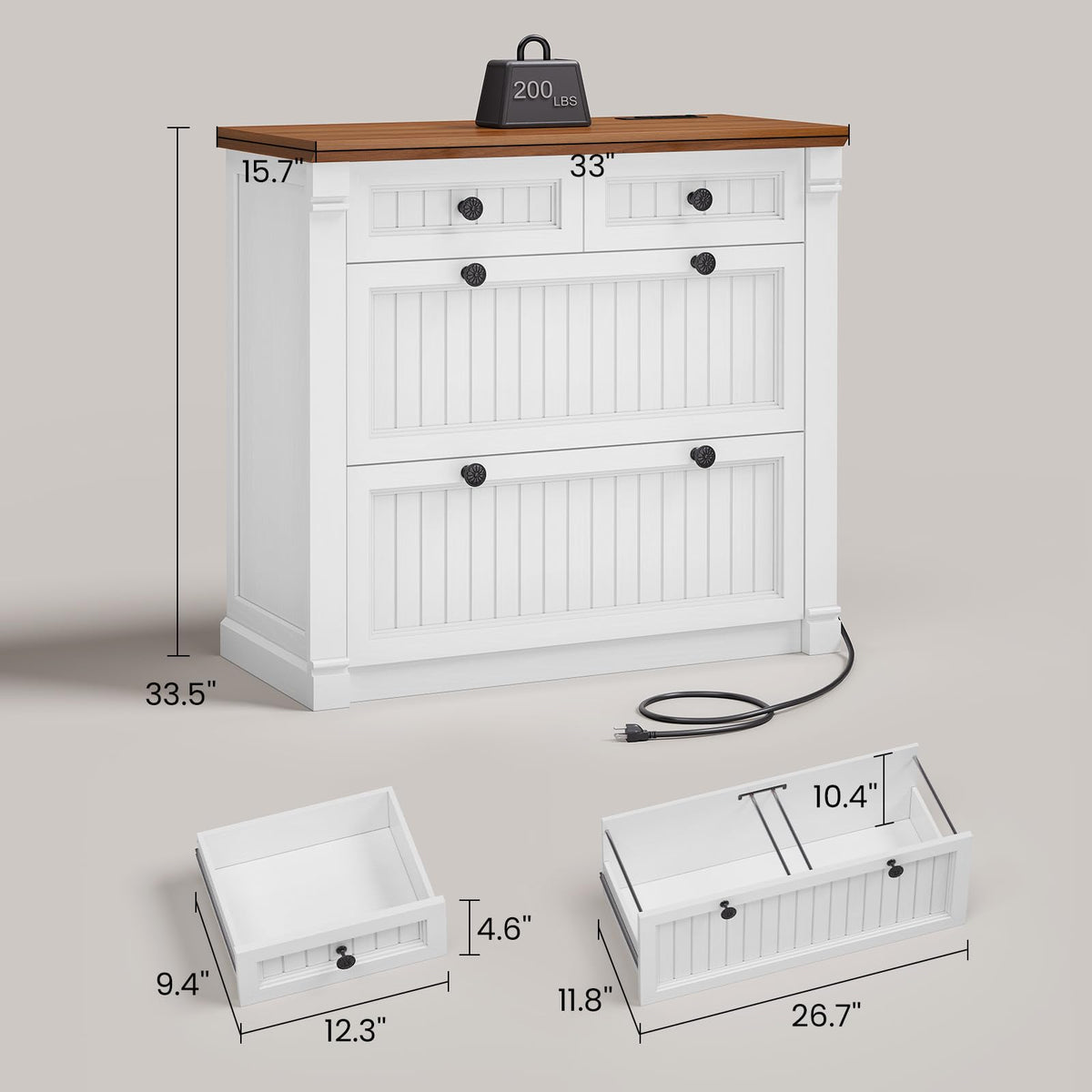 White Brown 4 Drawer Wood File Cabinet with Power Outlets S299509