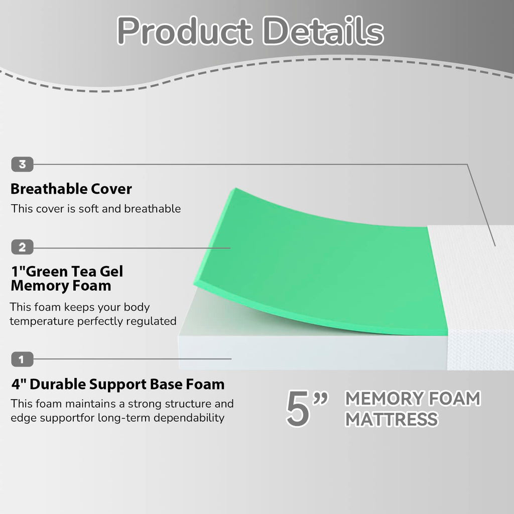 5 Inch Twin Mattress Green Tea Gel Memory Foam I56736