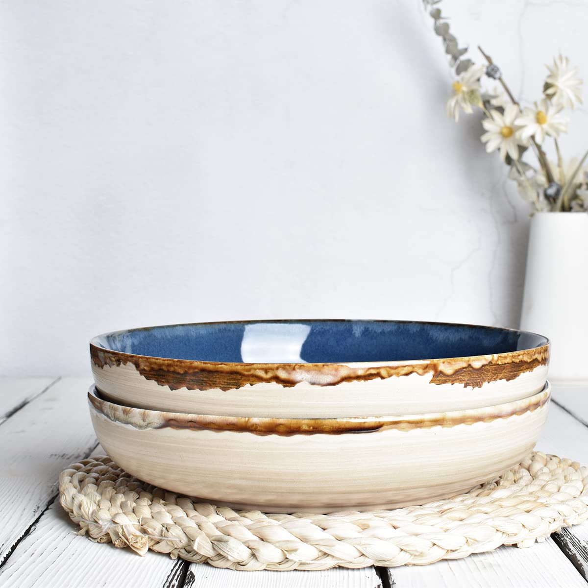 Large Stoneware Pasta Bowls, Set of 4, 40 Oz, Microwave and Dishwasher Safe K992512