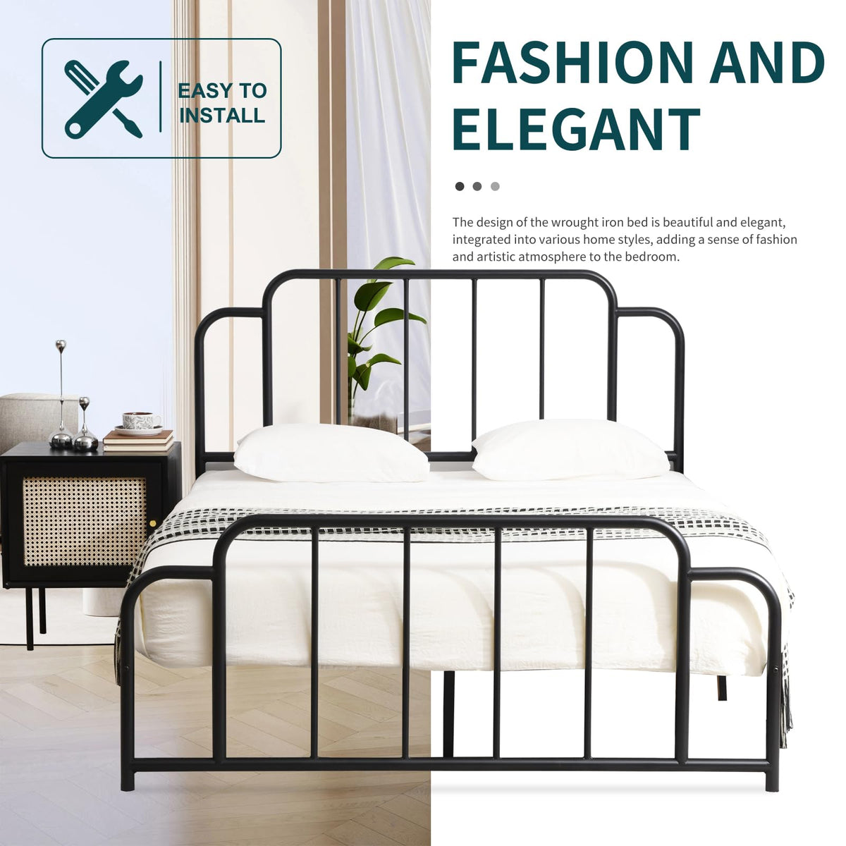 Black Full Size Metal Bed with Headboard and Footboard C66283