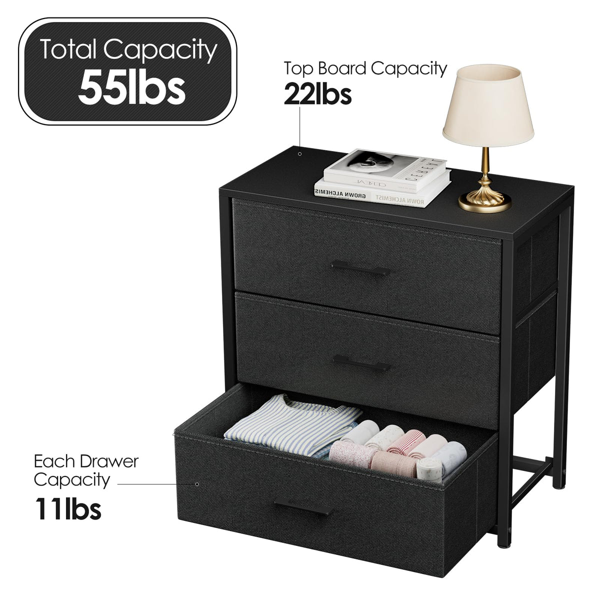 Black 3 Fabric Drawer Nightstand Y291352