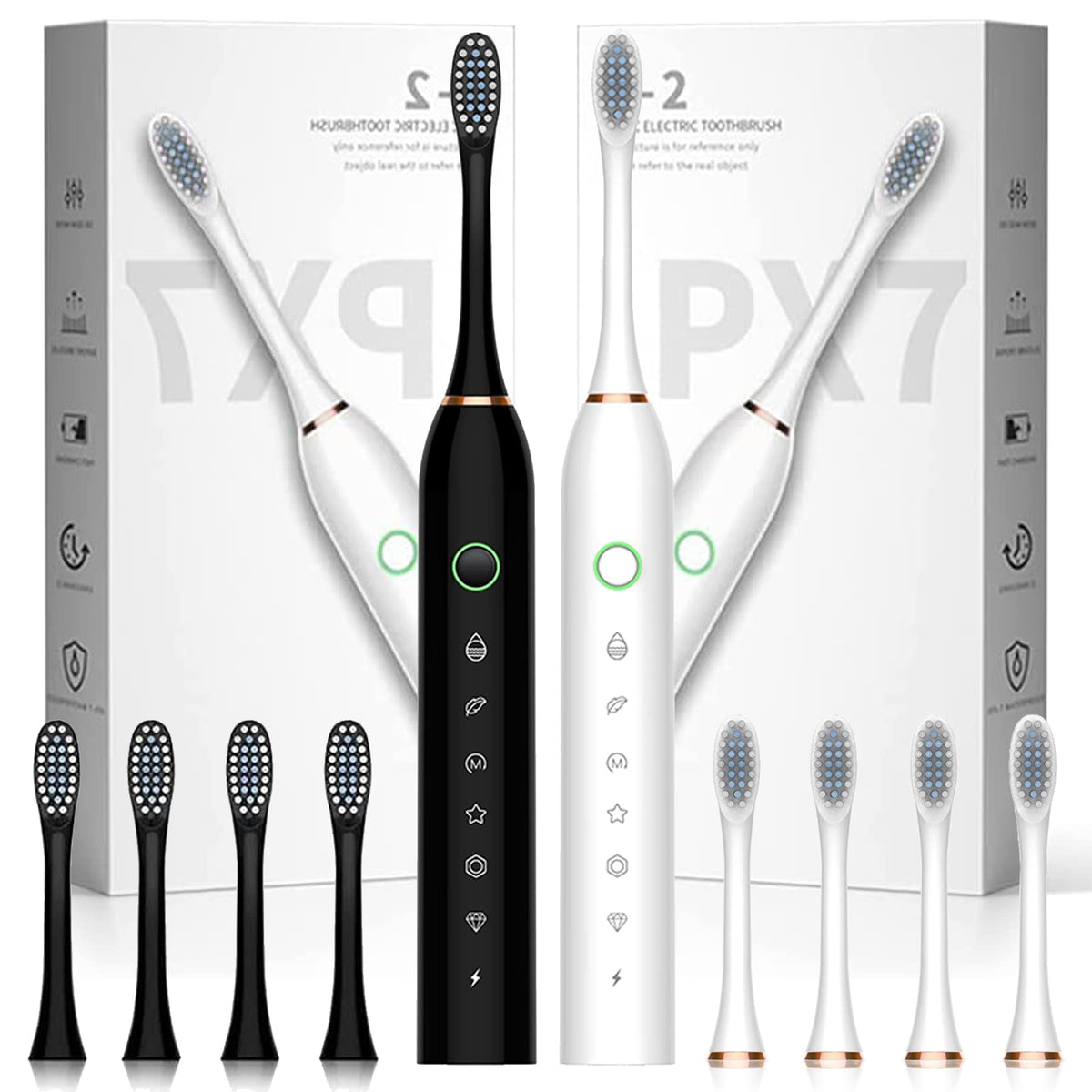 2 Pack Electric Toothbrush with 8 Brush Heads Black+White X2451