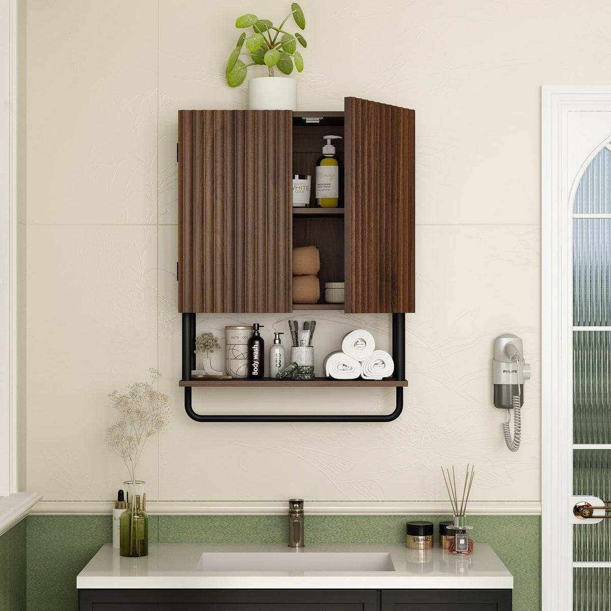 Fluted 2 Doors 3-Tier Bathroom Wall Cabinet H227672