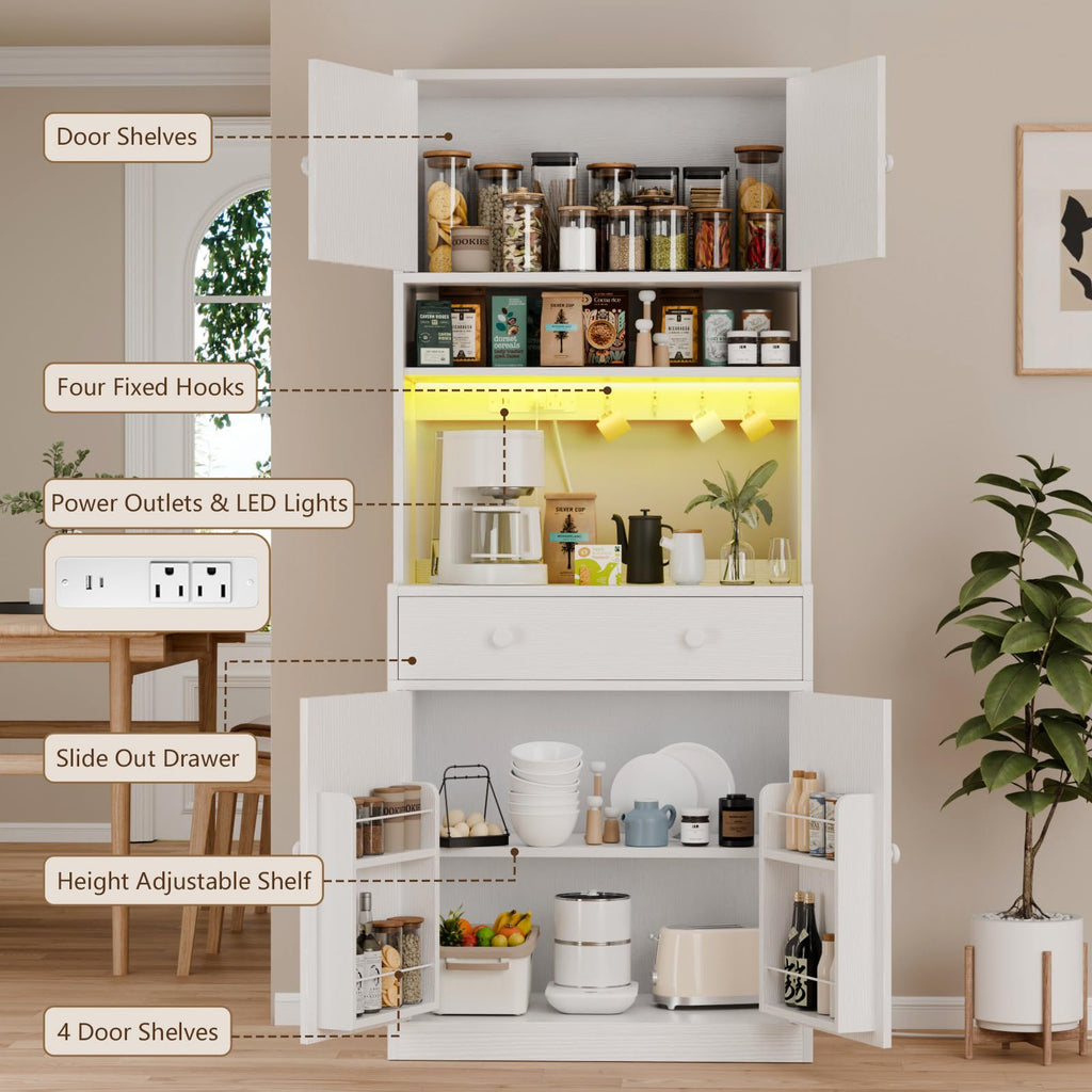 71" Tall White Kitchen Pantry Cabinet with Microwave Countertop H735
