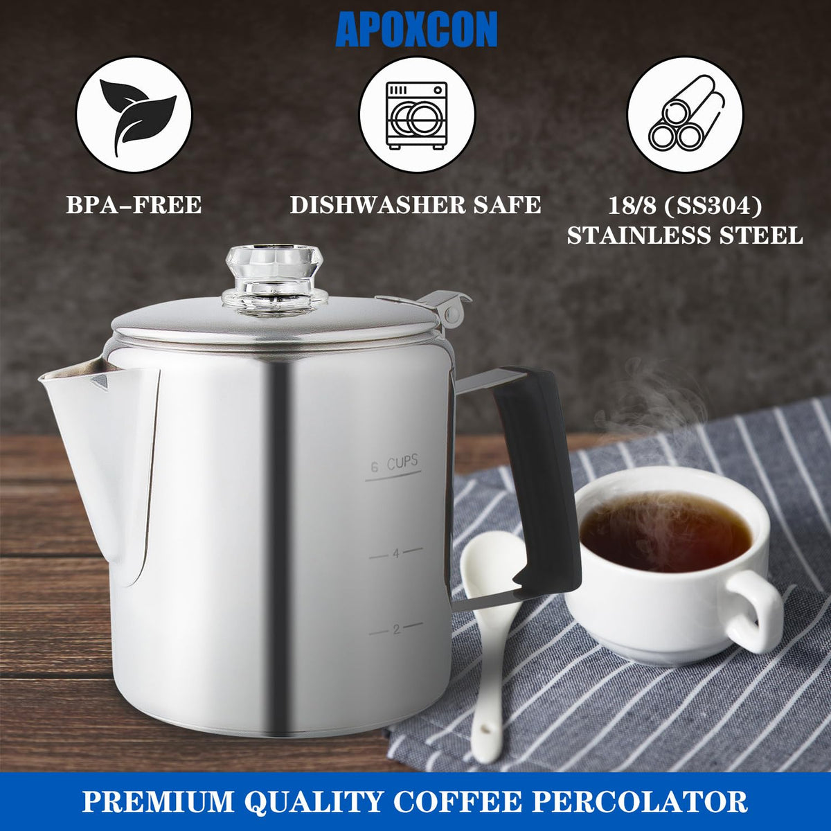 Stainless Steel Stove Top Percolator Coffee Pot 6 Cup D860939