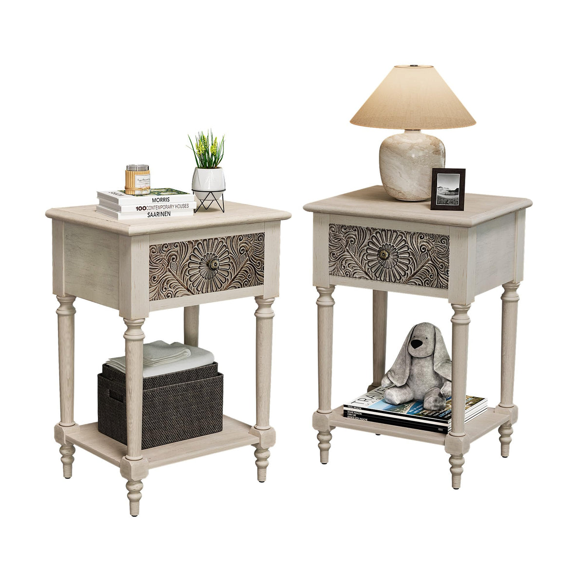 Vintage Wood Nightstand Set of 2 with Drawer and Open Shelf O665660