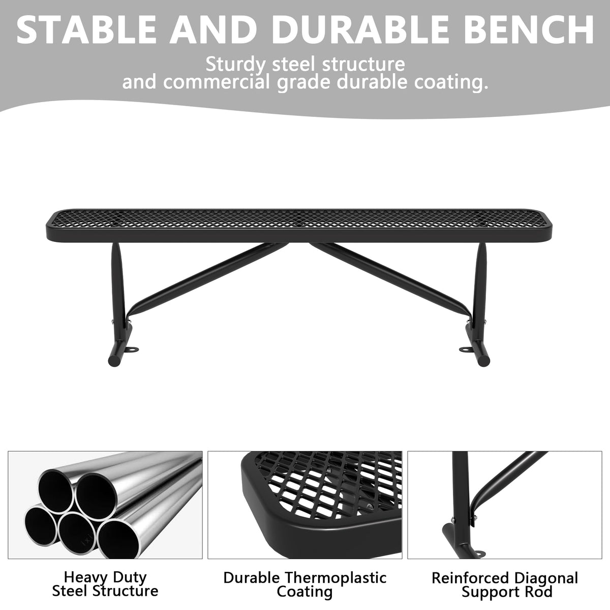 6 Feet Heavy Duty Metal Park Bench with Portable Frame, Black R5707