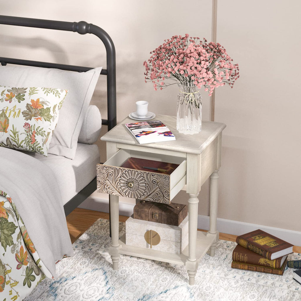 Vintage Wood Nightstand Set of 2 with Drawer and Open Shelf O665660