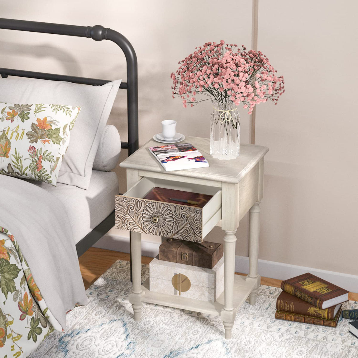 Vintage Wood Nightstand Set of 2 with Drawer and Open Shelf O665660