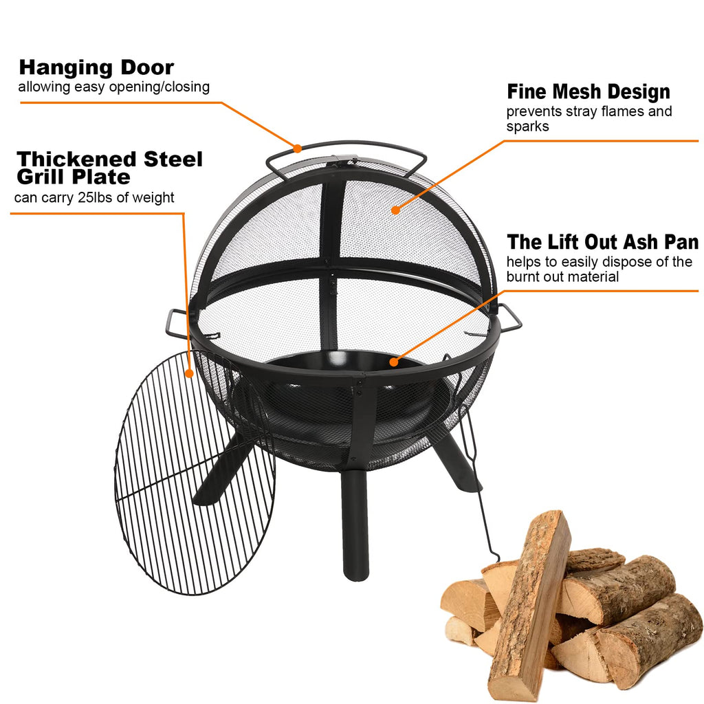 Black Round Fire Pit with BBQ Grill J2404