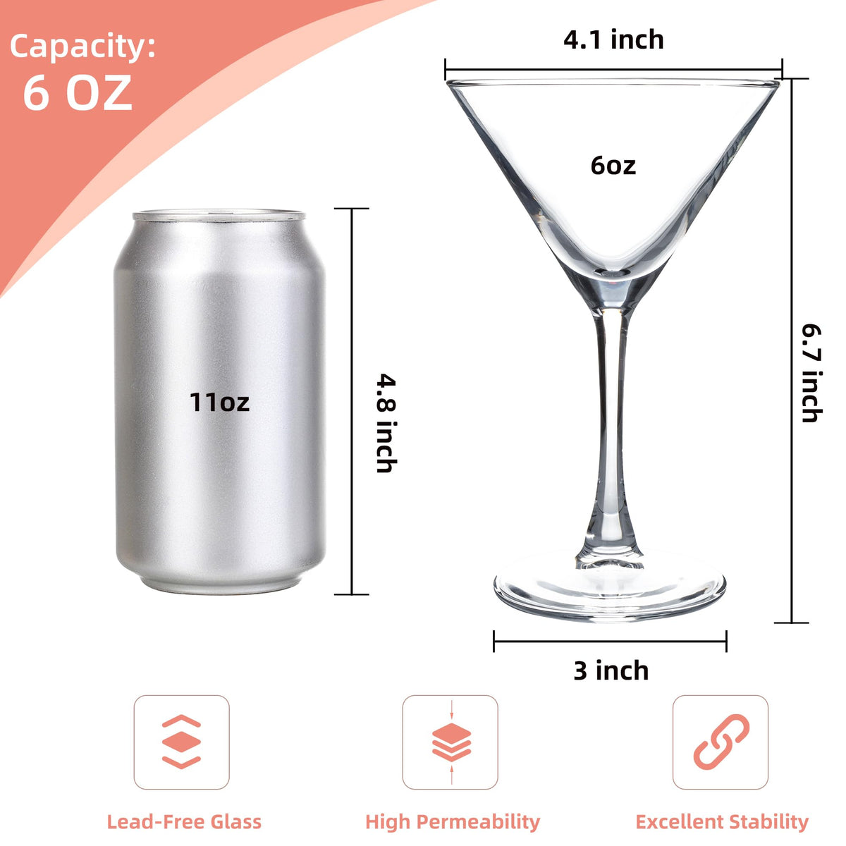 Martini Glasses Set of 7, 6 oz Reusable Cocktail Glasses with Stem F65772