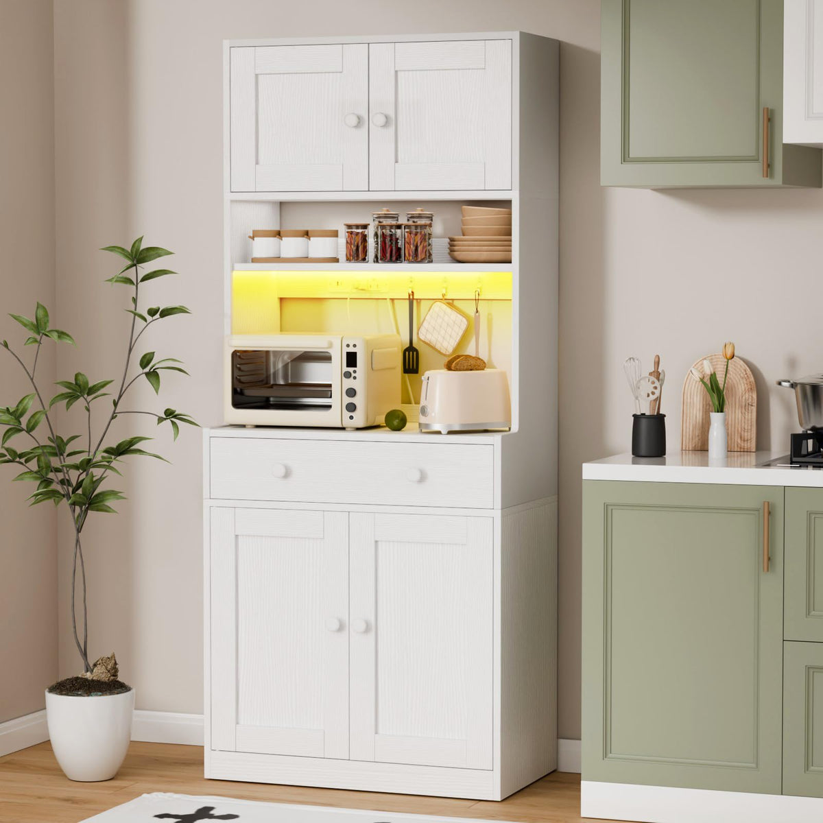71" Tall White Kitchen Pantry Cabinet with Microwave Countertop H735