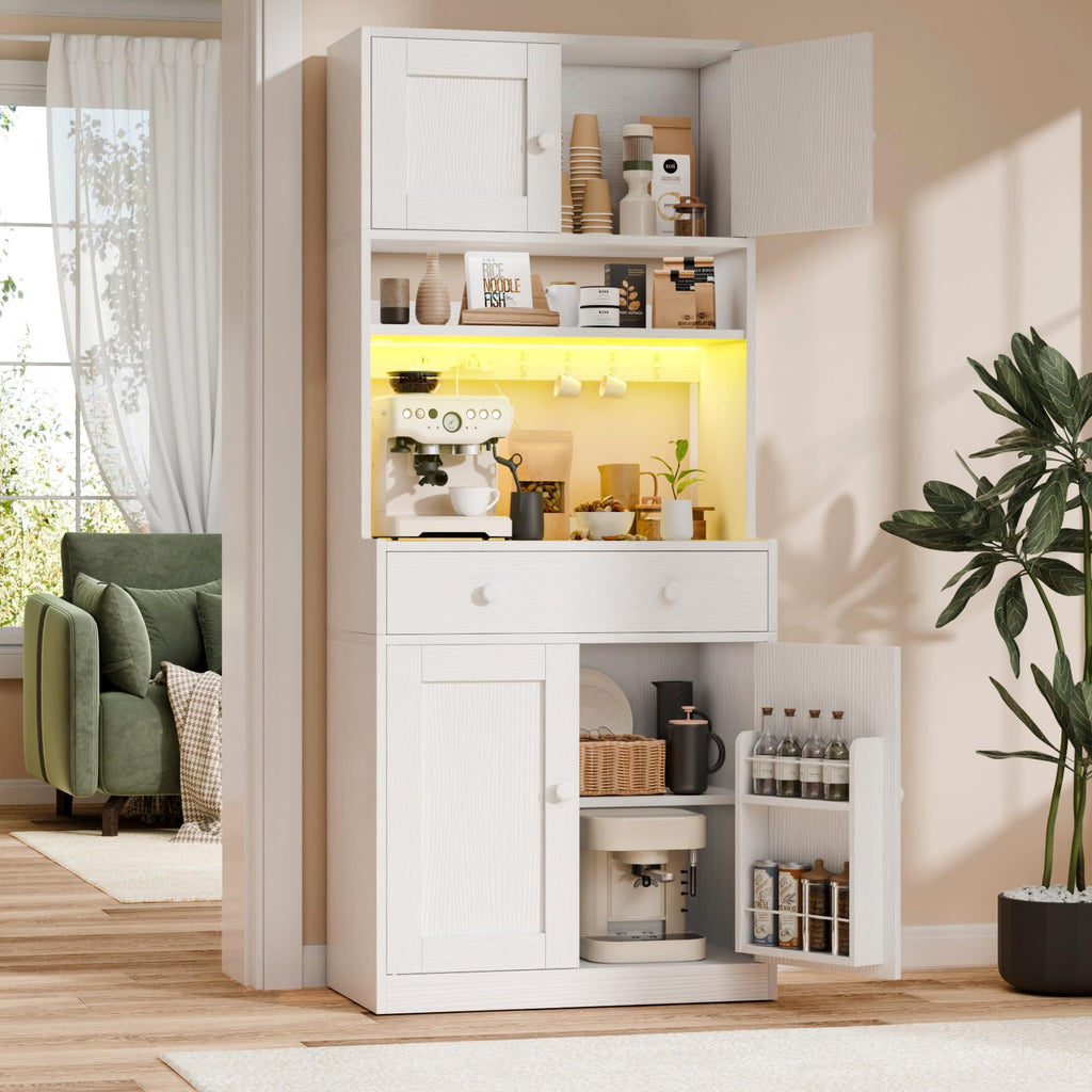 71" Tall White Kitchen Pantry Cabinet with Microwave Countertop H735