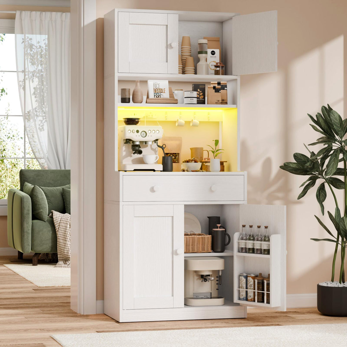 71" Tall White Kitchen Pantry Cabinet with Microwave Countertop H735