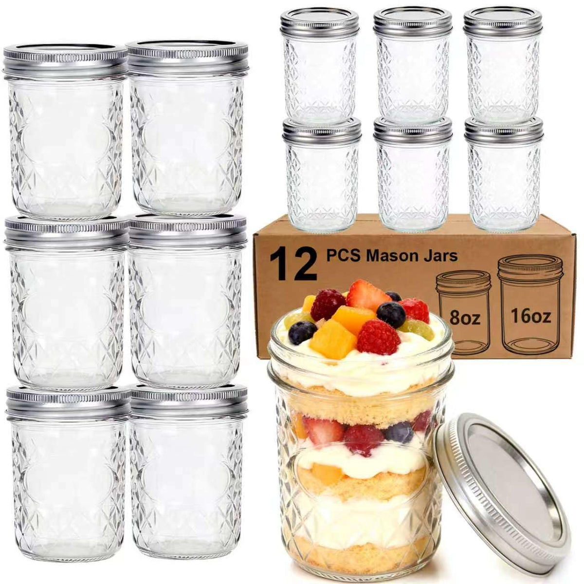 12 Pack Glass Mason Jars with Lids 16 oz & 8 oz D764