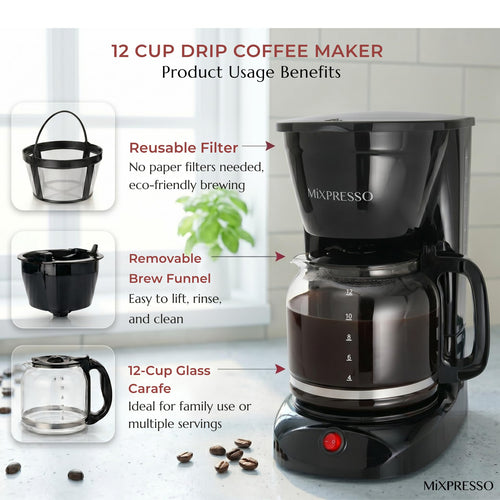 12 Cup Drip Coffee Maker with Reusable Filter, Black B838