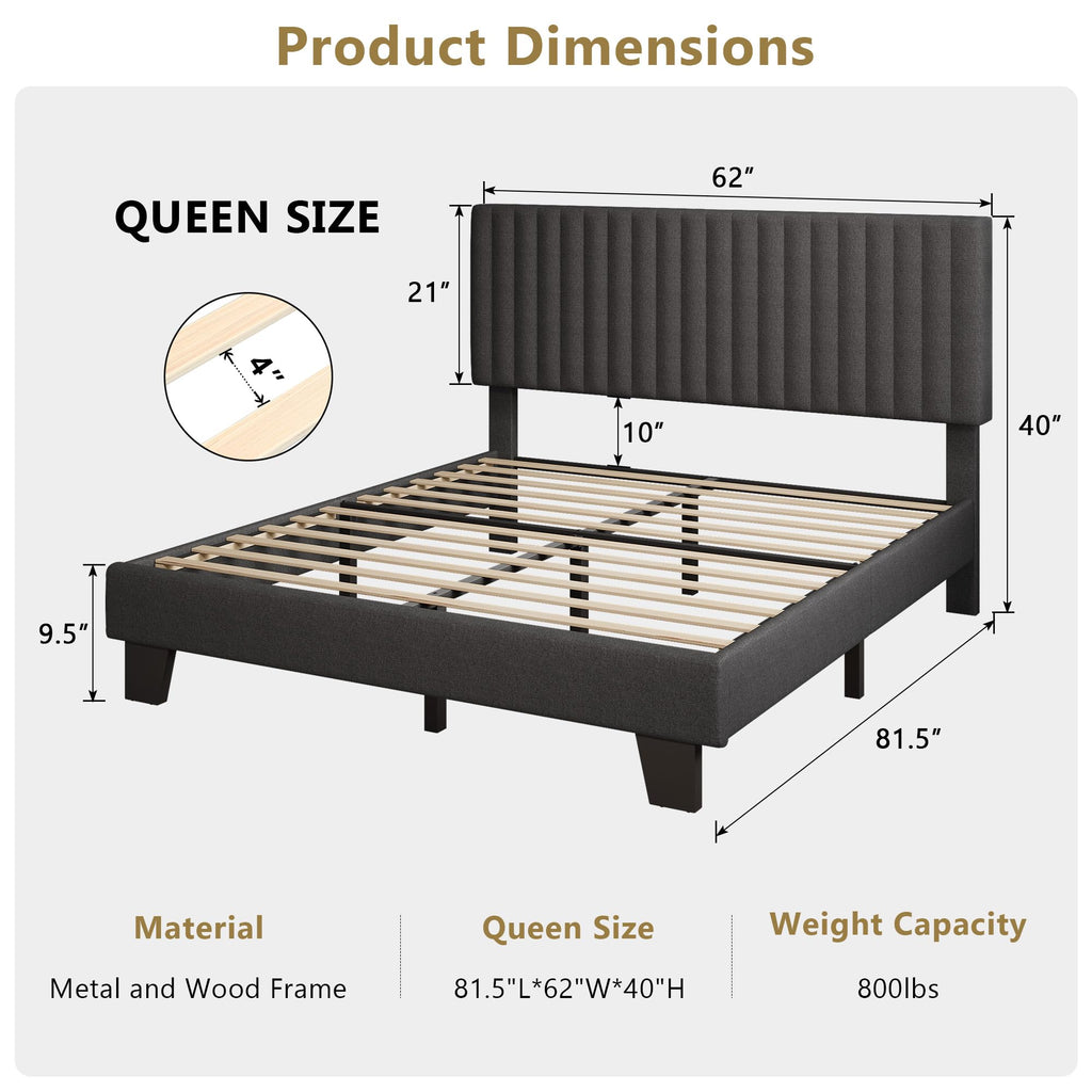 Queen Size Upholstered Platform Bed with Linen Headboard G946