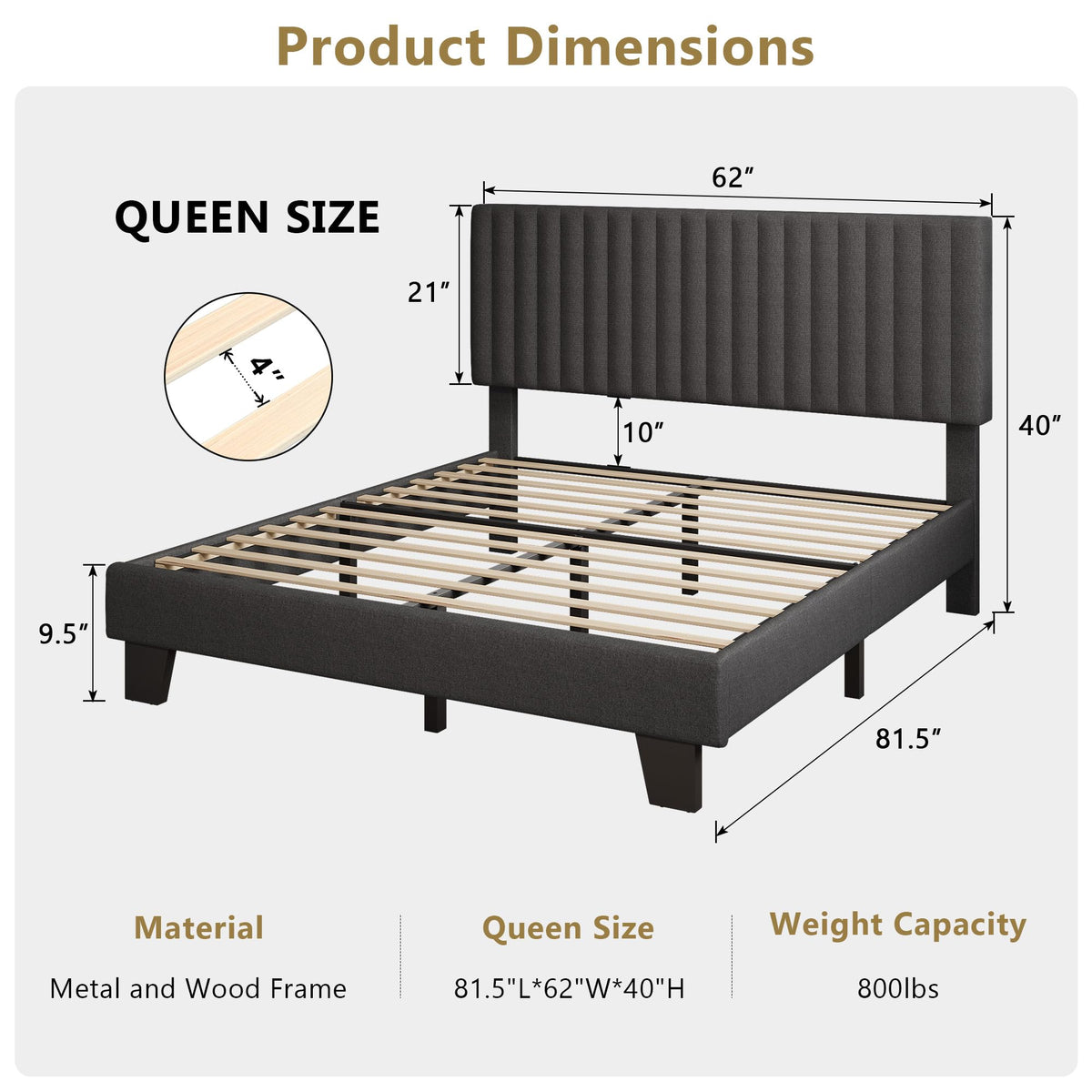 Queen Size Upholstered Platform Bed with Linen Headboard G946
