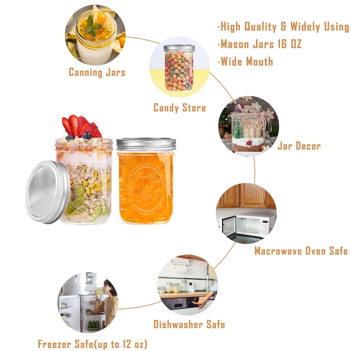 16 oz Wide Mouth Glass Mason Jars with Lids, 6 Pack N411755