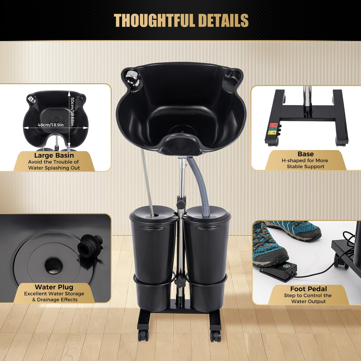 Portable Shampoo Wash Bowl with 2 Water Tanks Black A469