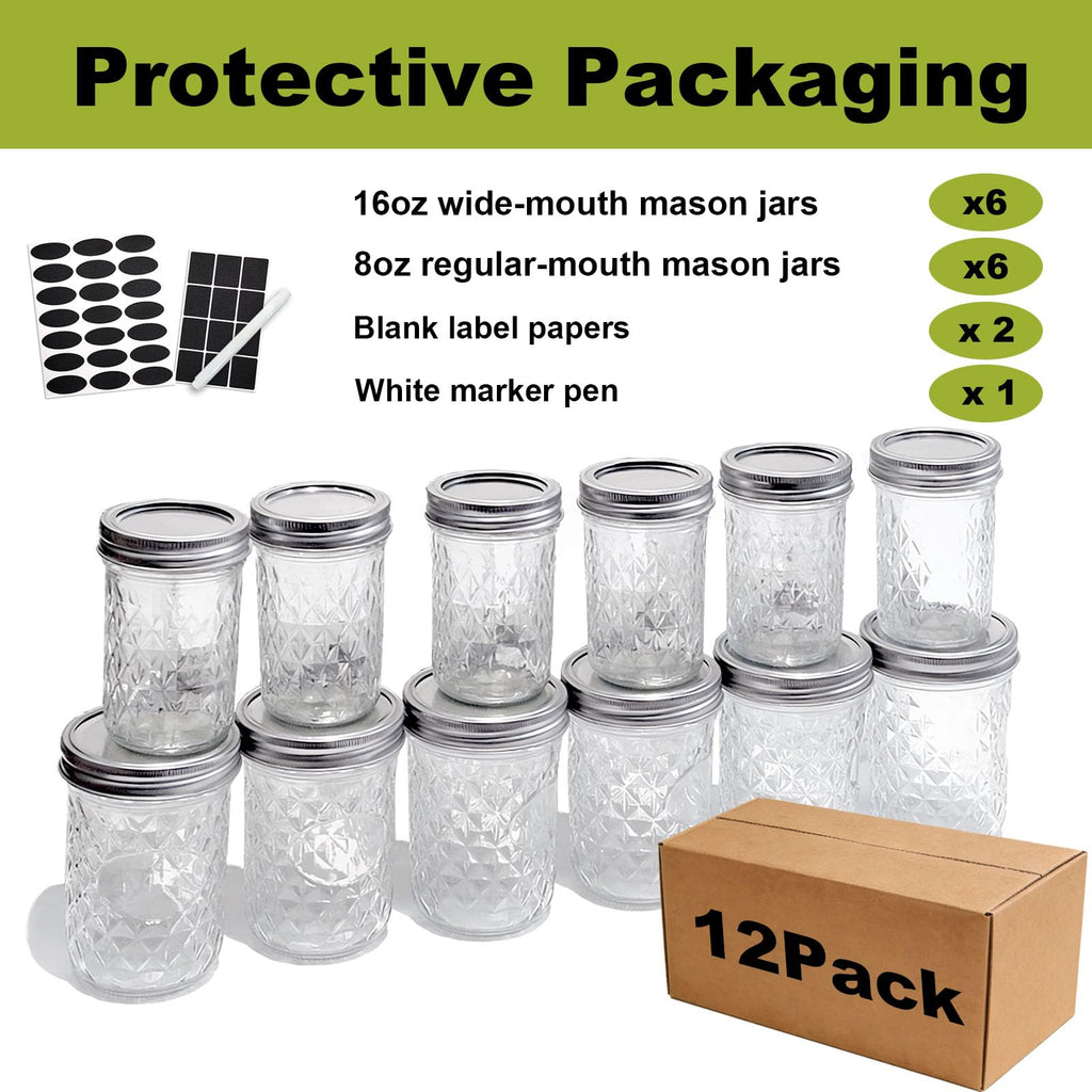 12 Pack Glass Mason Jars with Lids 16 oz & 8 oz D764