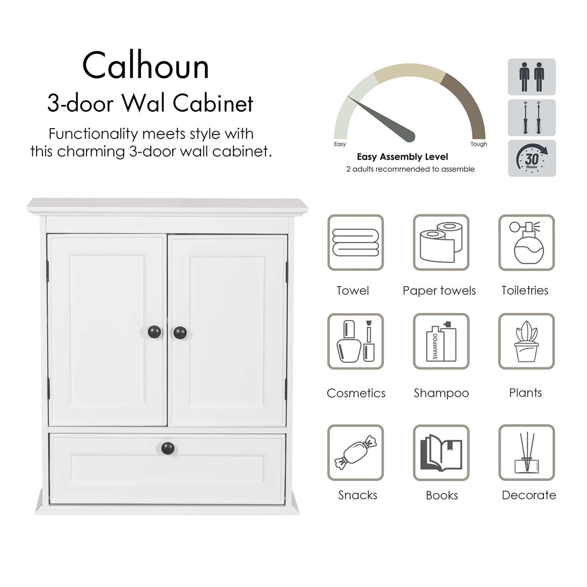 White Bathroom Wall Cabinet with Doors R87555