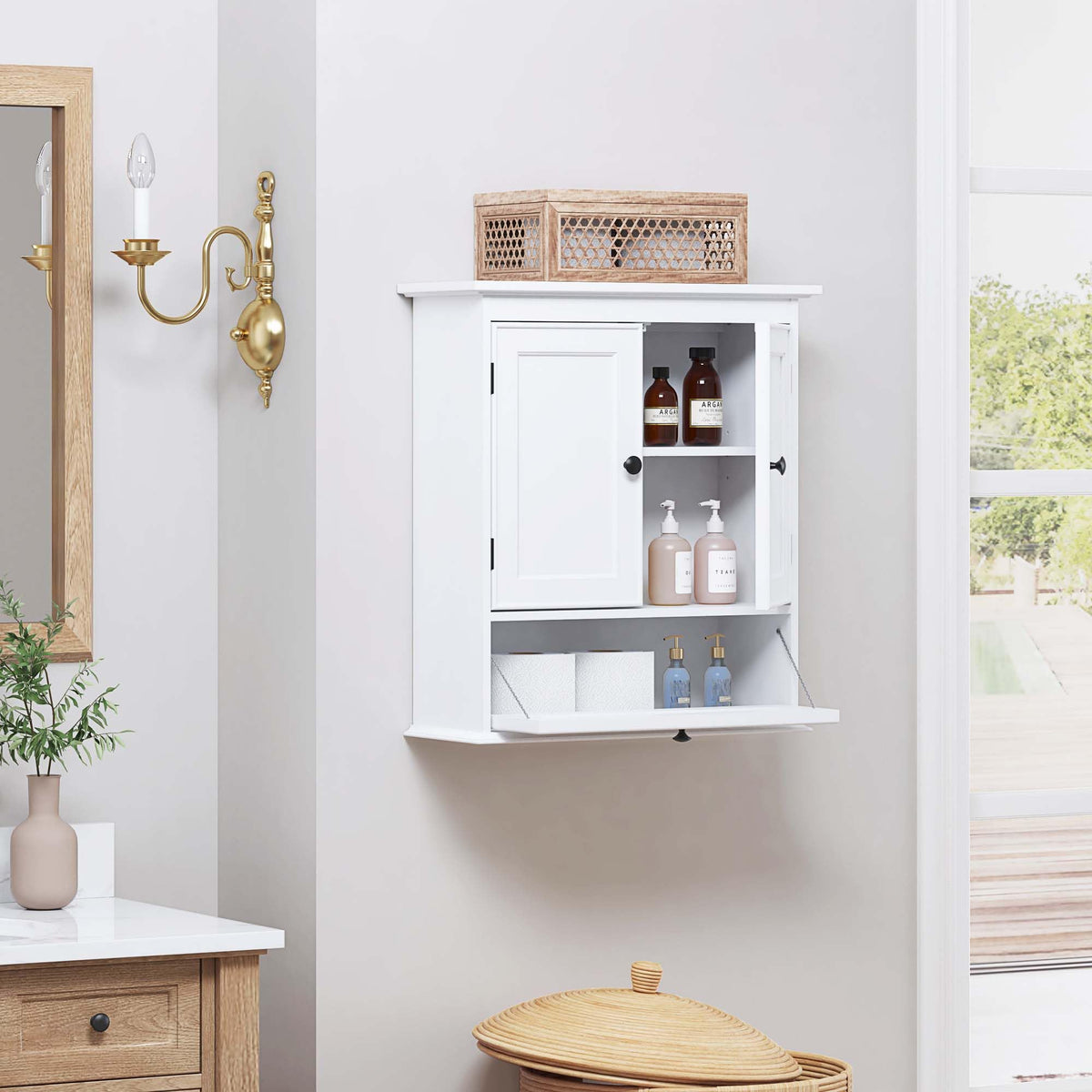 White Bathroom Wall Cabinet with Doors R87555