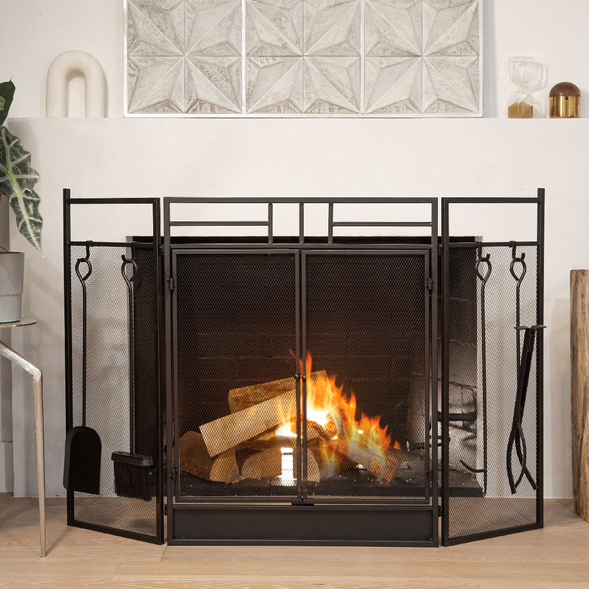 Black 3-Panel Folding Fireplace Screen with Magnetic Doors and 4-Piece Tools Set Q41101