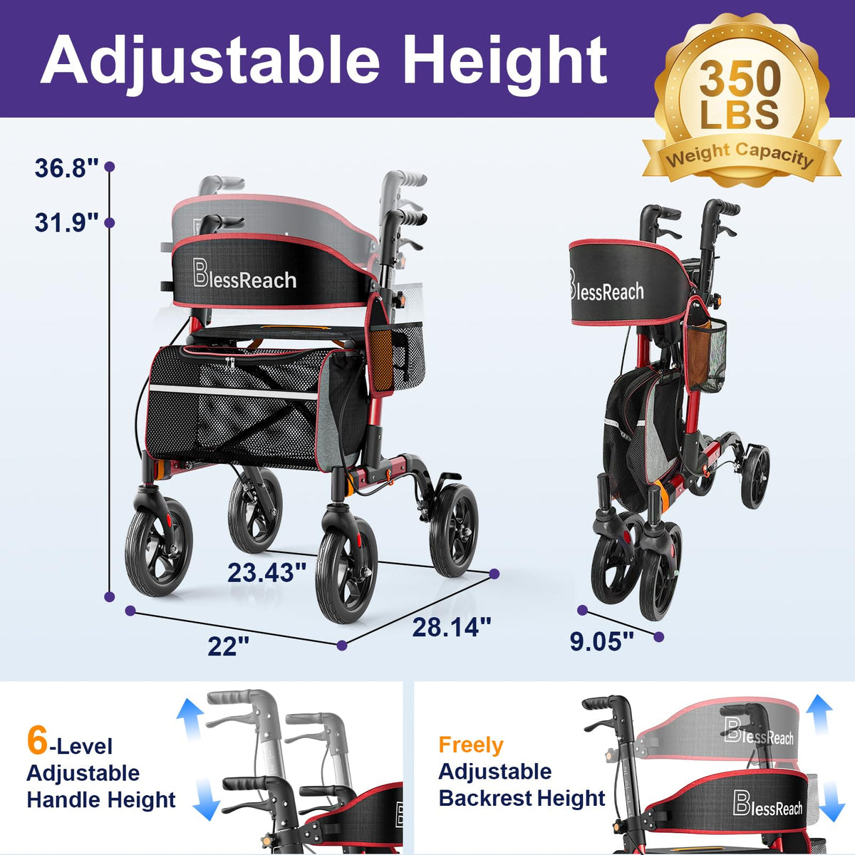 Lightweight Red Rollator Walker with Seat Y834590