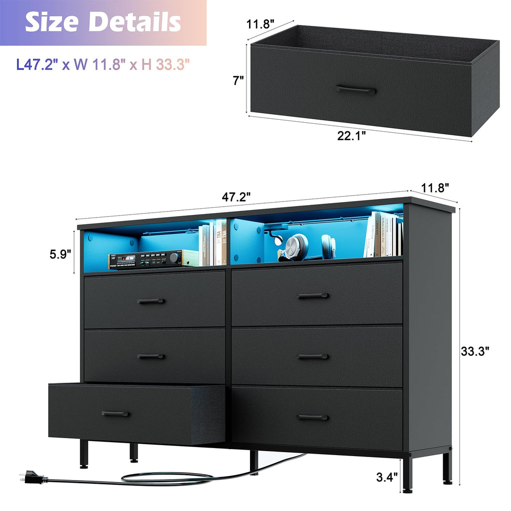 Black 6 Drawer Fabric Dresser S726