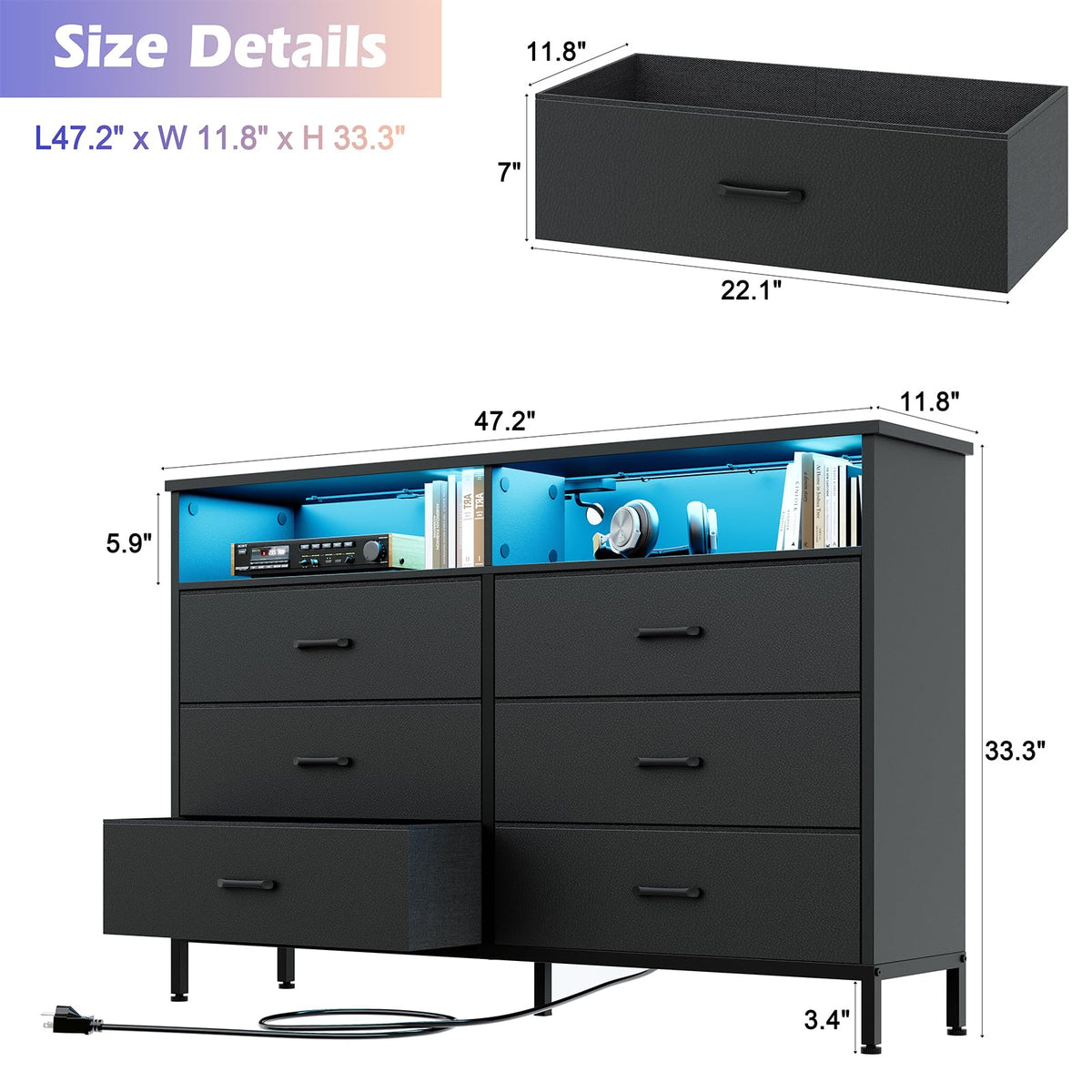 Black 6 Drawer Fabric Dresser S726