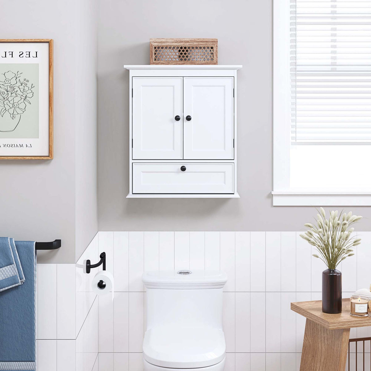 White Bathroom Wall Cabinet with Doors R87555