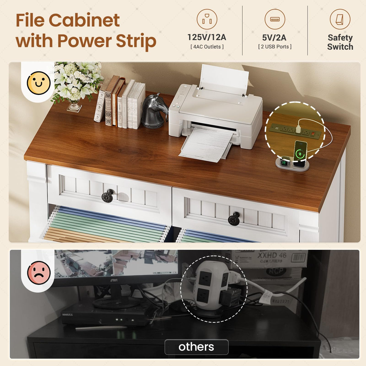 White Brown 4 Drawer Wood File Cabinet with Power Outlets S299509