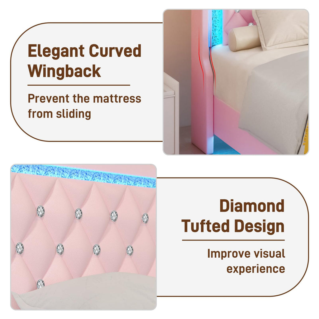 Pink Upholstered Full Size Bed Frame with Storage Headboard and 2 Drawers Z434057