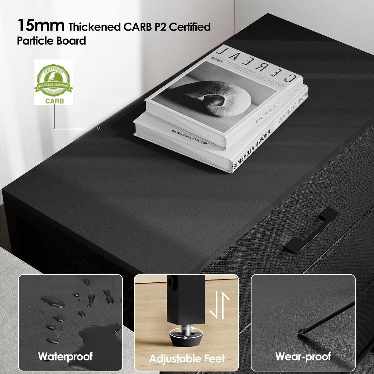 Black 3 Fabric Drawer Nightstand Y291352