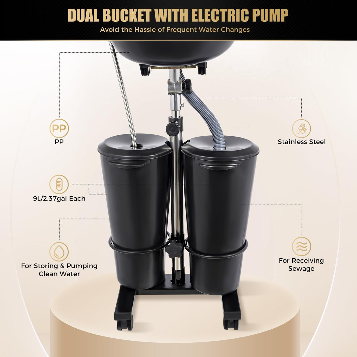 Portable Shampoo Wash Bowl with 2 Water Tanks Black A469