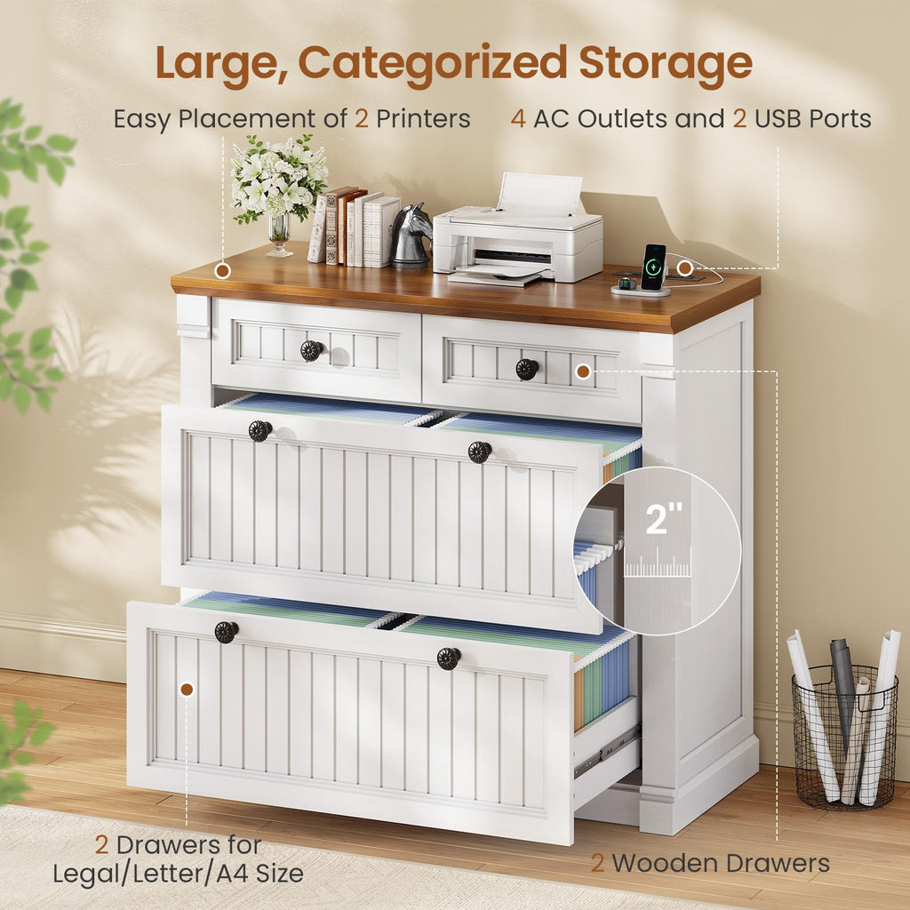 White Brown 4 Drawer Wood File Cabinet with Power Outlets S299509
