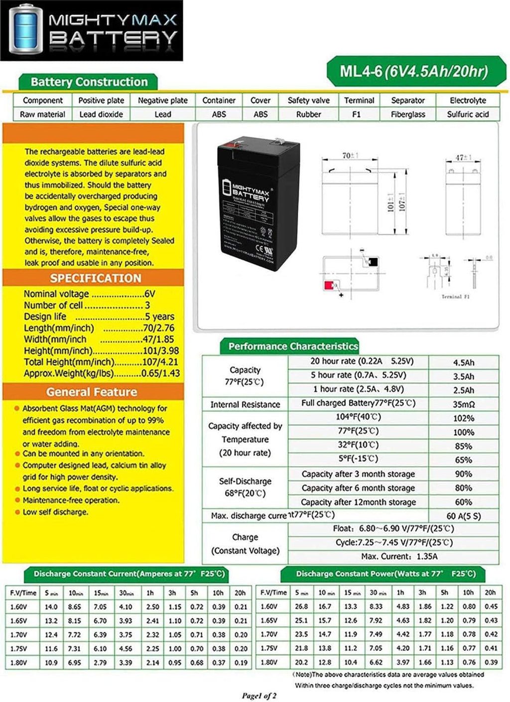 6V 4.5AH SLA Replacement Battery T4835