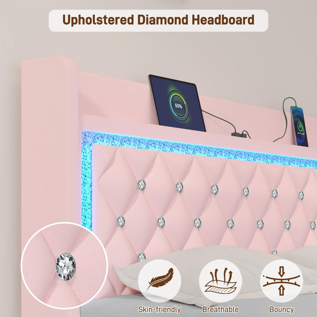 Pink Upholstered Full Size Bed Frame with Storage Headboard and 2 Drawers Z434057