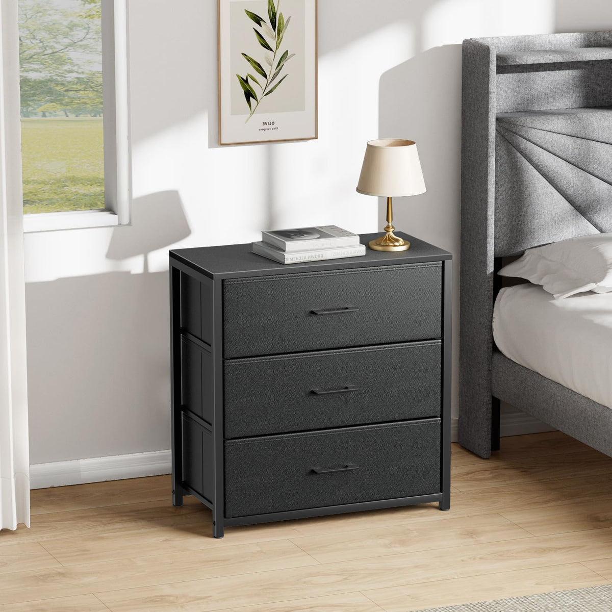 Black 3 Fabric Drawer Nightstand Y291352