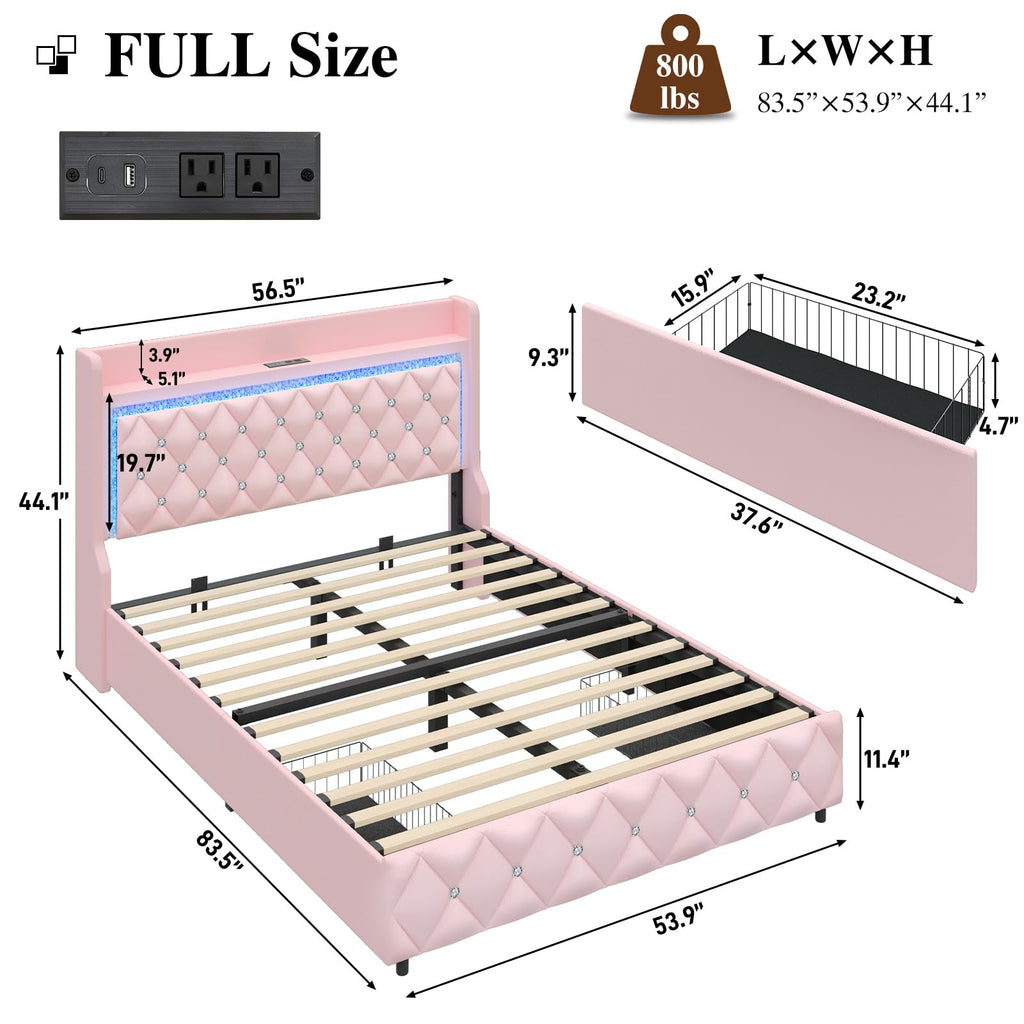 Pink Upholstered Full Size Bed Frame with Storage Headboard and 2 Drawers Z434057