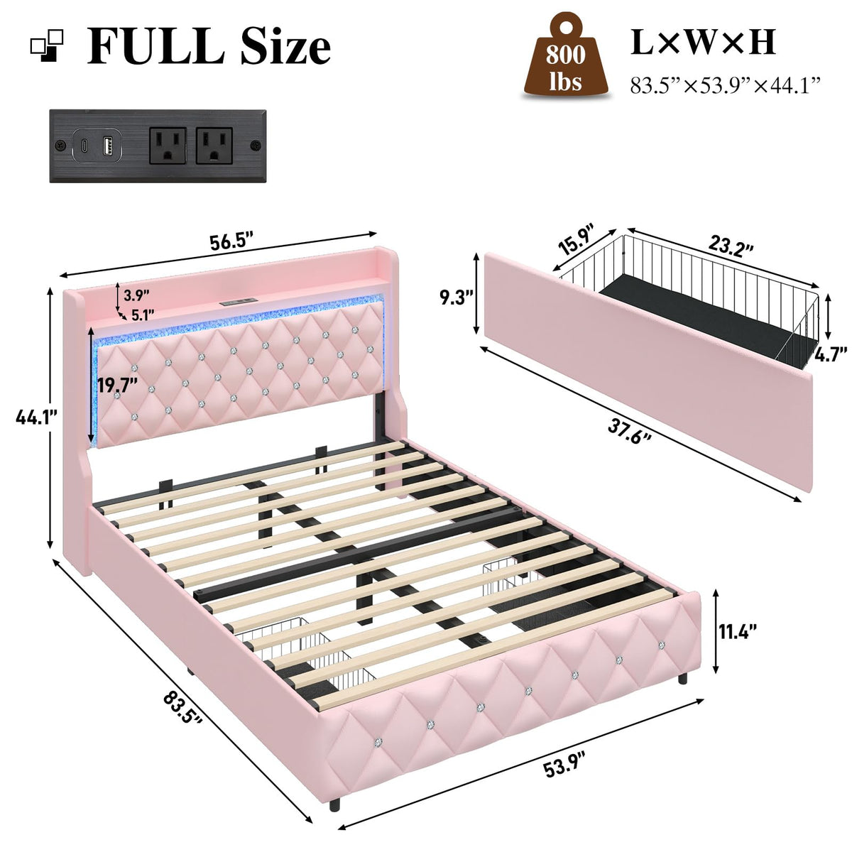 Pink Upholstered Full Size Bed Frame with Storage Headboard and 2 Drawers Z434057